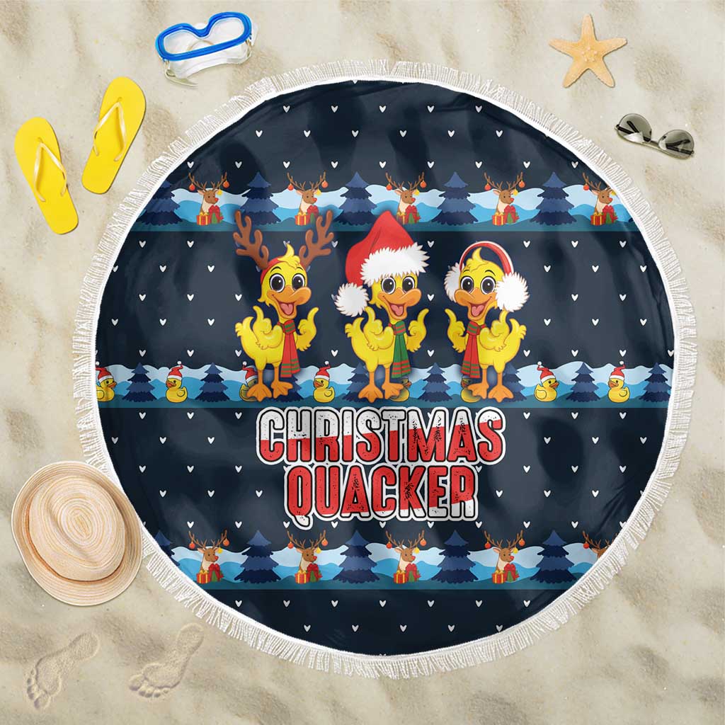 Funny Duck Characters Christmas Quacker Quote Beach Blanket with Navy Tree Pattern Design - Wonder Print Shop