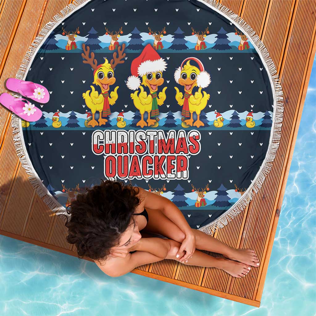 Funny Duck Characters Christmas Quacker Quote Beach Blanket with Navy Tree Pattern Design - Wonder Print Shop