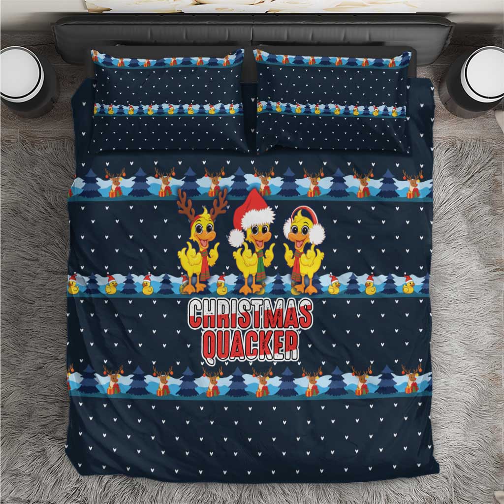 Funny Duck Characters Christmas Quacker Quote Bedding Set with Navy Tree Pattern Design - Wonder Print Shop