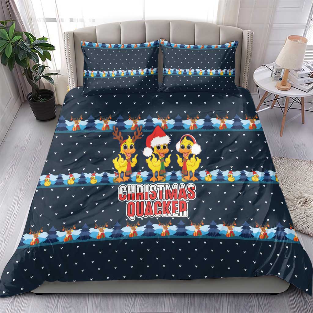 Funny Duck Characters Christmas Quacker Quote Bedding Set with Navy Tree Pattern Design - Wonder Print Shop