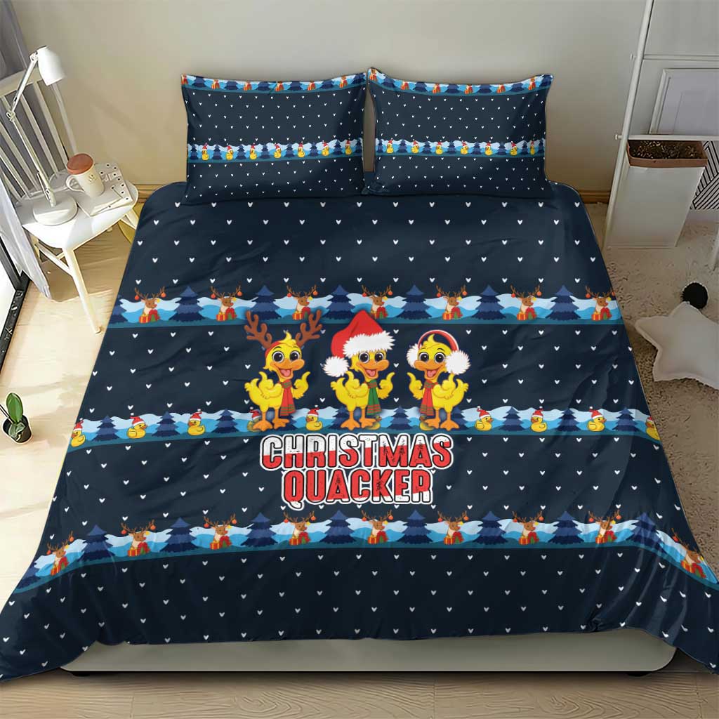 Funny Duck Characters Christmas Quacker Quote Bedding Set with Navy Tree Pattern Design - Wonder Print Shop