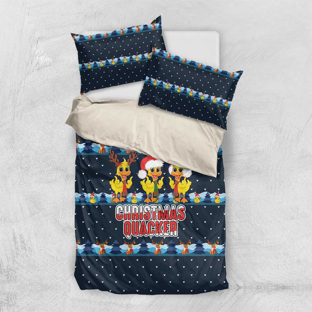 Funny Duck Characters Christmas Quacker Quote Bedding Set with Navy Tree Pattern Design - Wonder Print Shop