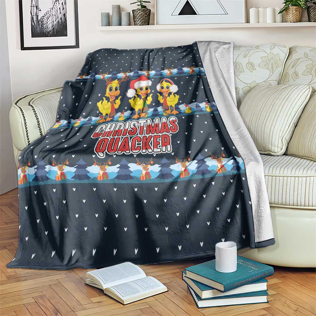 Funny Duck Characters Christmas Quacker Quote Blanket with Navy Tree Pattern Design - Wonder Print Shop