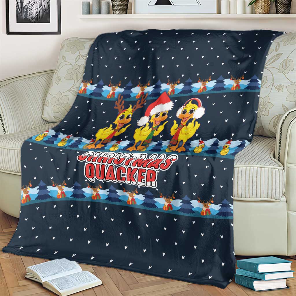 Funny Duck Characters Christmas Quacker Quote Blanket with Navy Tree Pattern Design - Wonder Print Shop