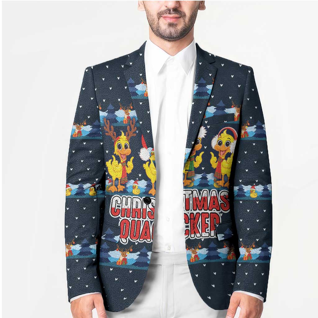 Funny Duck Characters Christmas Quacker Quote Blazer with Navy Tree Pattern Design - Wonder Print Shop