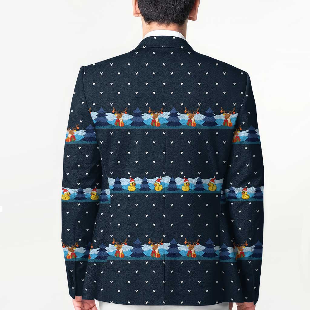 Funny Duck Characters Christmas Quacker Quote Blazer with Navy Tree Pattern Design - Wonder Print Shop