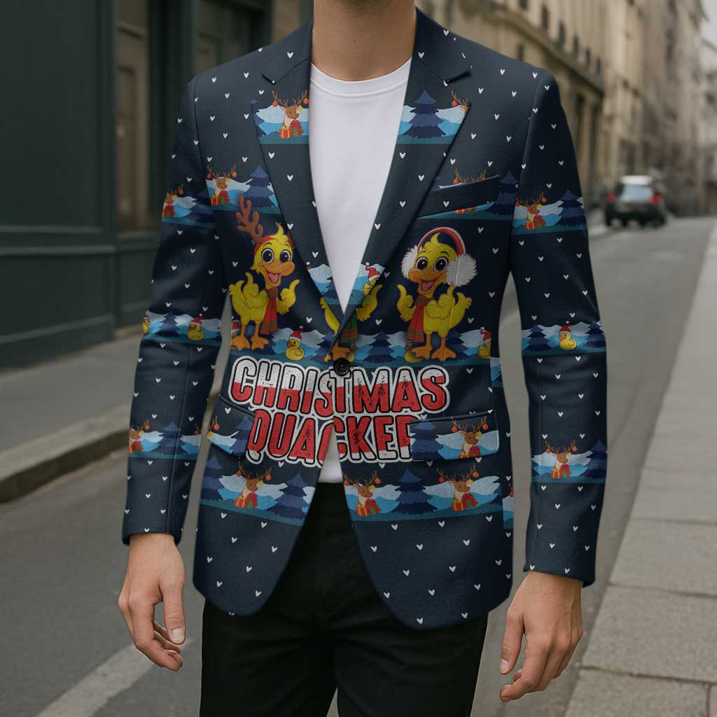 Funny Duck Characters Christmas Quacker Quote Blazer with Navy Tree Pattern Design - Wonder Print Shop