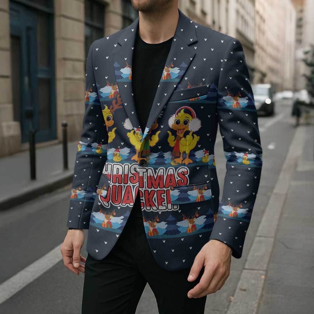 Funny Duck Characters Christmas Quacker Quote Blazer with Navy Tree Pattern Design - Wonder Print Shop