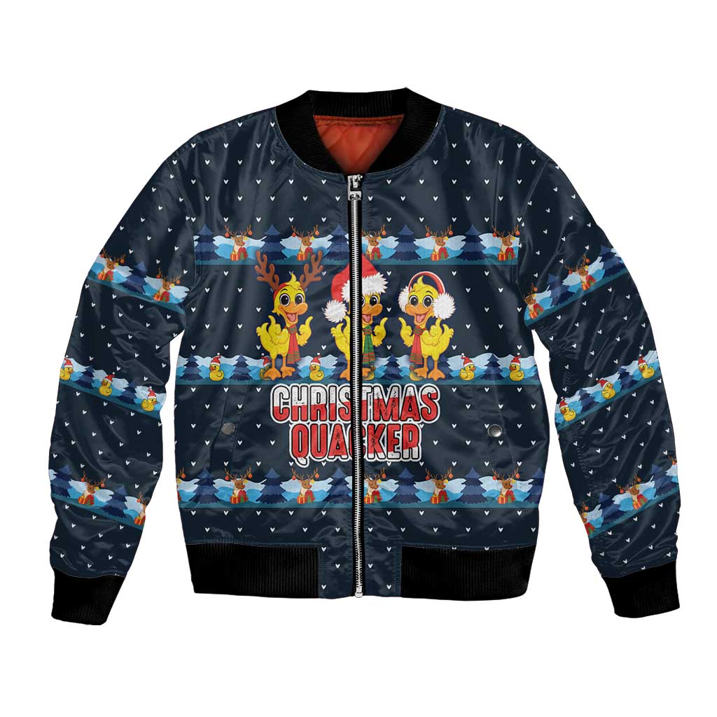 Funny Duck Characters Christmas Quacker Quote Bomber Jacket with Navy Tree Pattern Design - Wonder Print Shop