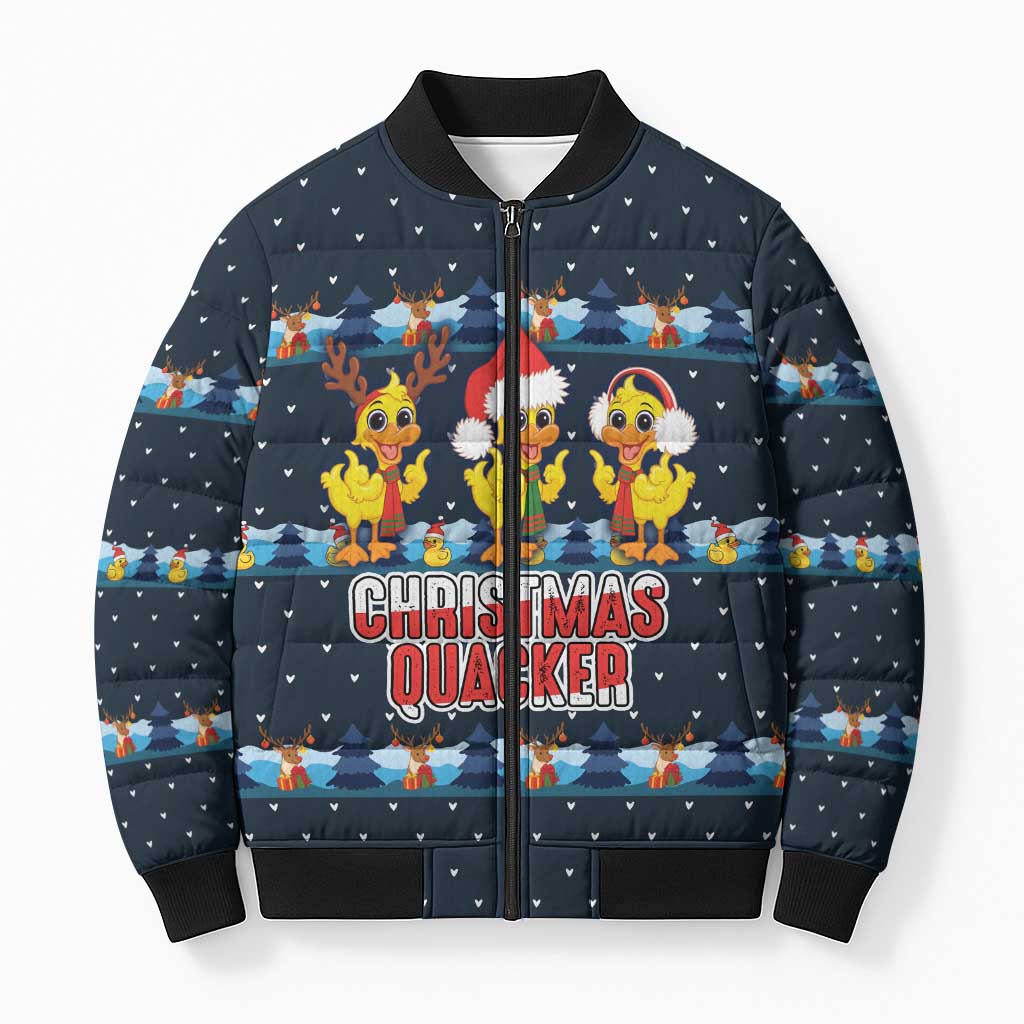 Funny Duck Characters Christmas Quacker Quote Bomber Puffer Jacket with Navy Tree Pattern Design - Wonder Print Shop