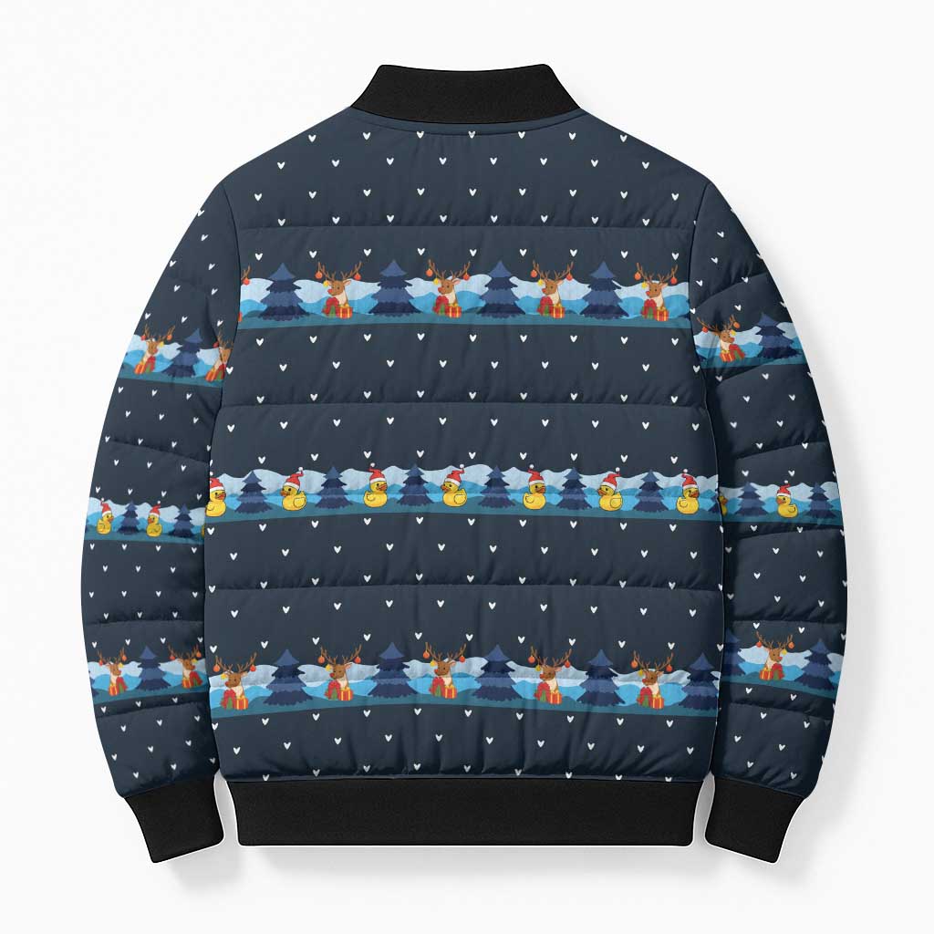 Funny Duck Characters Christmas Quacker Quote Bomber Puffer Jacket with Navy Tree Pattern Design - Wonder Print Shop