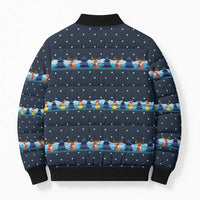 Funny Duck Characters Christmas Quacker Quote Bomber Puffer Jacket with Navy Tree Pattern Design - Wonder Print Shop