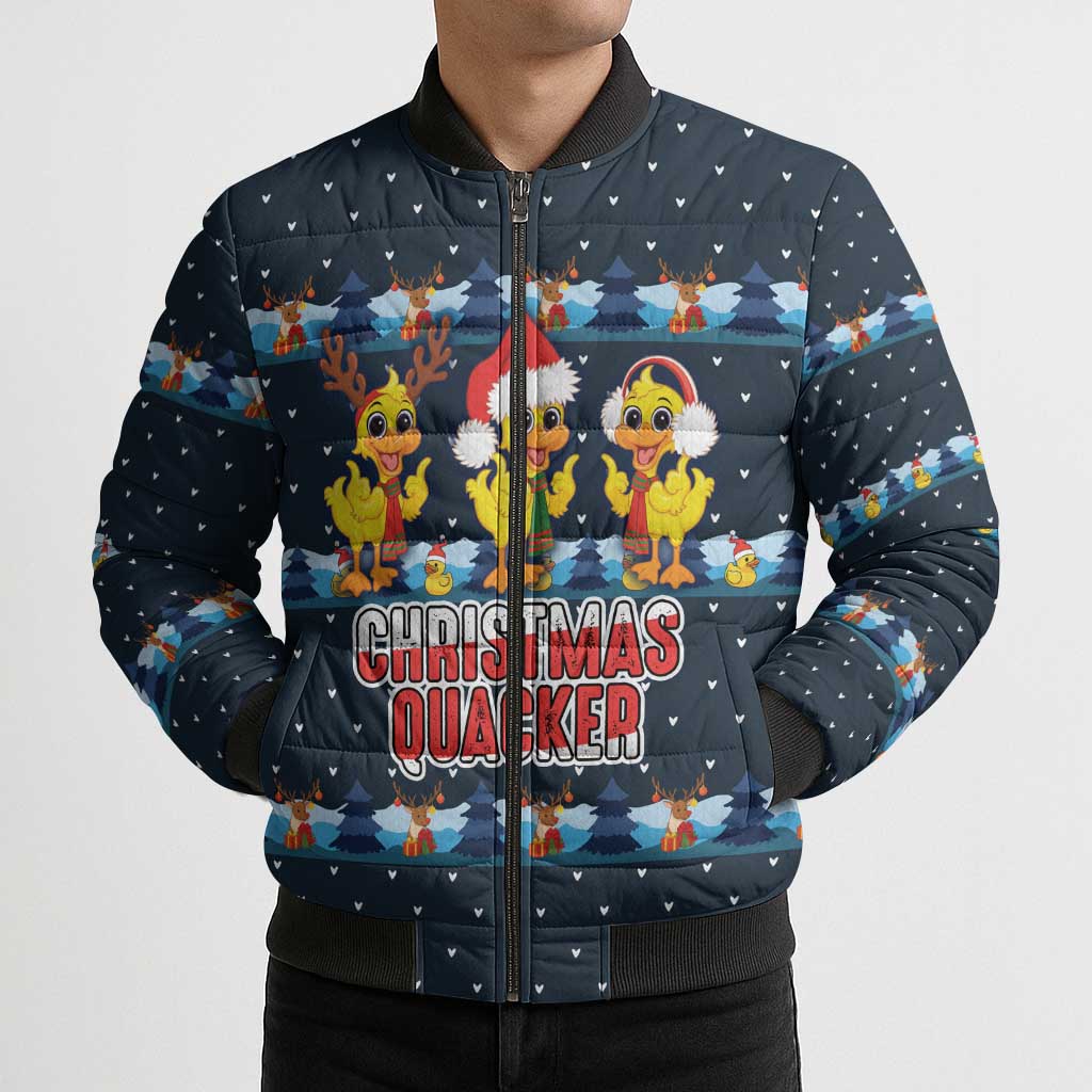 Funny Duck Characters Christmas Quacker Quote Bomber Puffer Jacket with Navy Tree Pattern Design - Wonder Print Shop