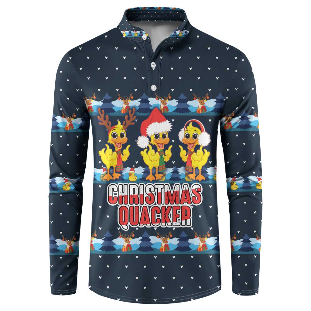 Funny Duck Characters Christmas Quacker Quote Button Sweatshirt with Navy Tree Pattern Design - Wonder Print Shop