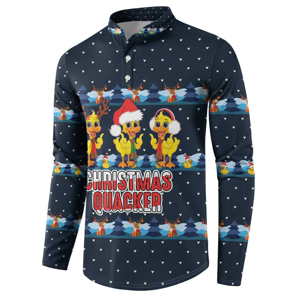Funny Duck Characters Christmas Quacker Quote Button Sweatshirt with Navy Tree Pattern Design - Wonder Print Shop
