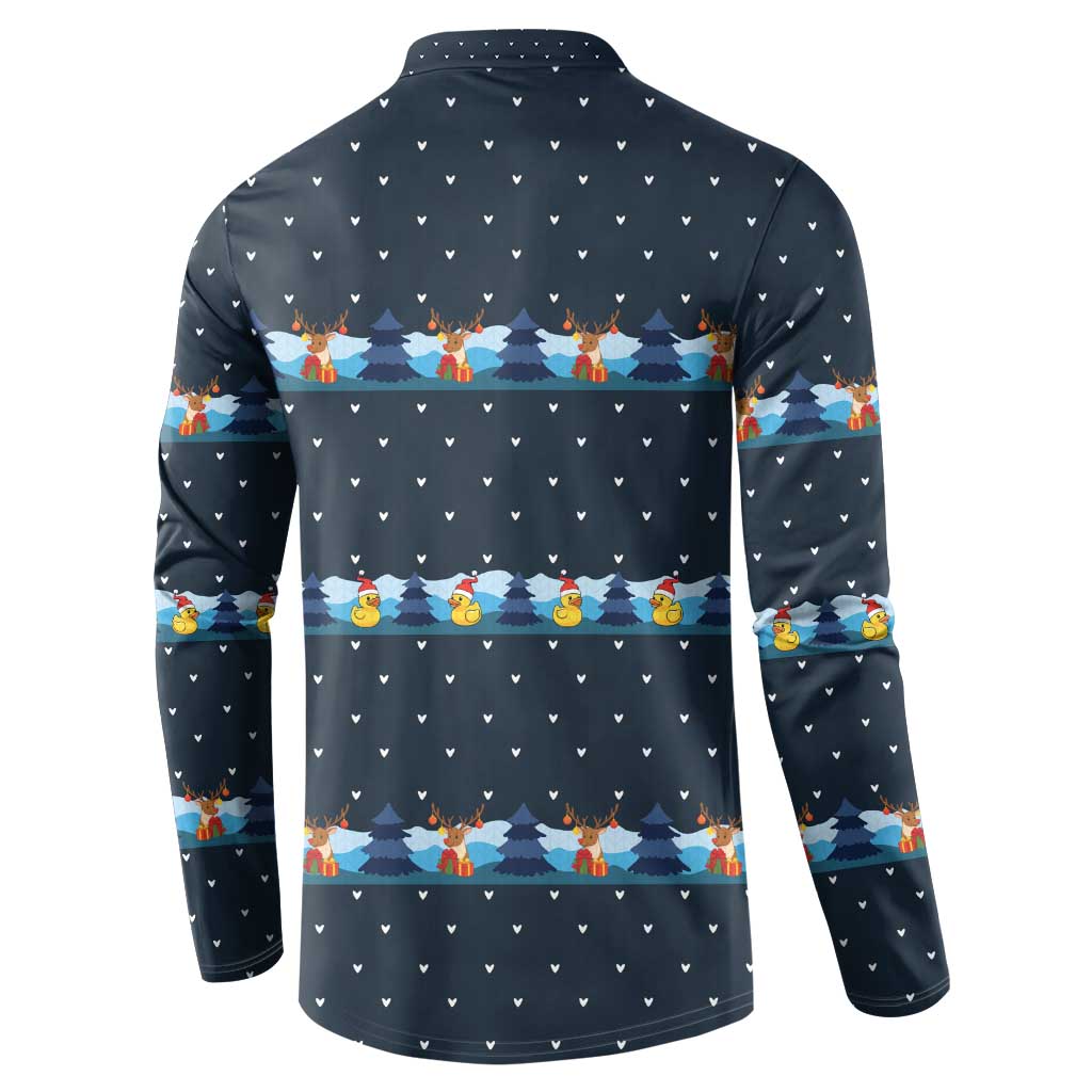 Funny Duck Characters Christmas Quacker Quote Button Sweatshirt with Navy Tree Pattern Design - Wonder Print Shop