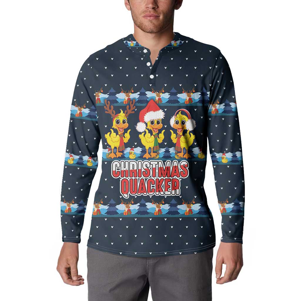 Funny Duck Characters Christmas Quacker Quote Button Sweatshirt with Navy Tree Pattern Design - Wonder Print Shop