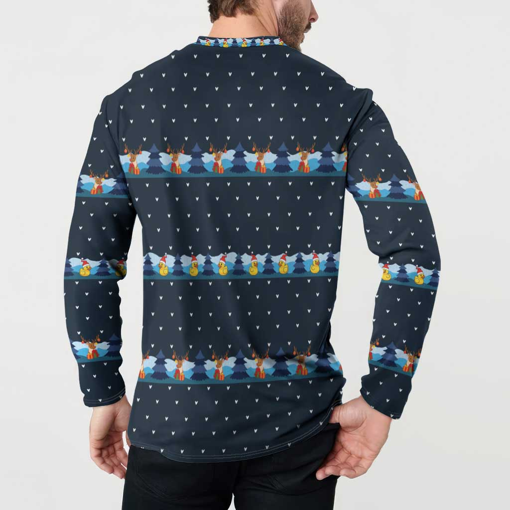 Funny Duck Characters Christmas Quacker Quote Button Sweatshirt with Navy Tree Pattern Design - Wonder Print Shop