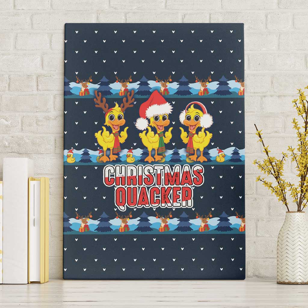 Funny Duck Characters Christmas Quacker Quote Canvas Wall Art with Navy Tree Pattern Design - Wonder Print Shop