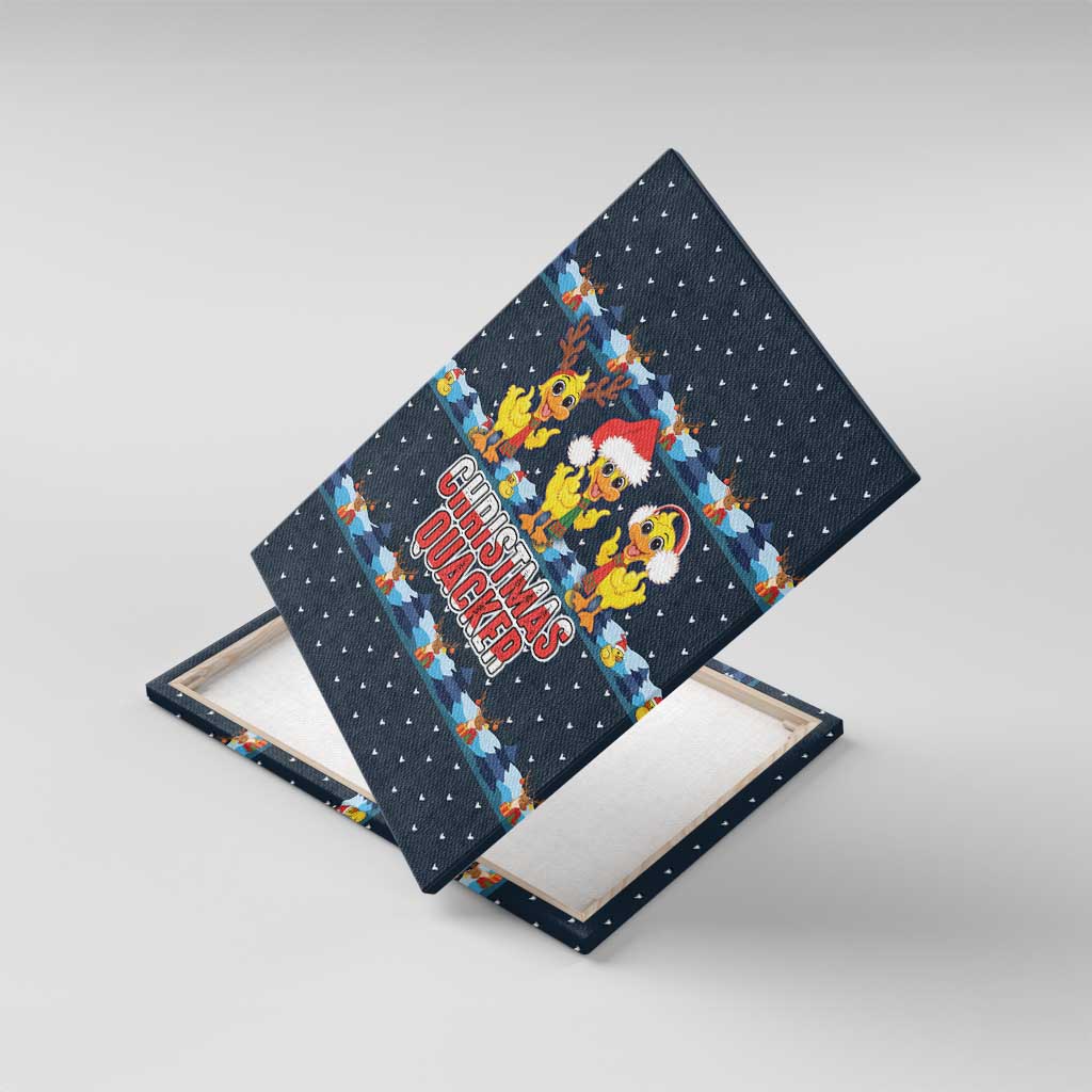 Funny Duck Characters Christmas Quacker Quote Canvas Wall Art with Navy Tree Pattern Design - Wonder Print Shop