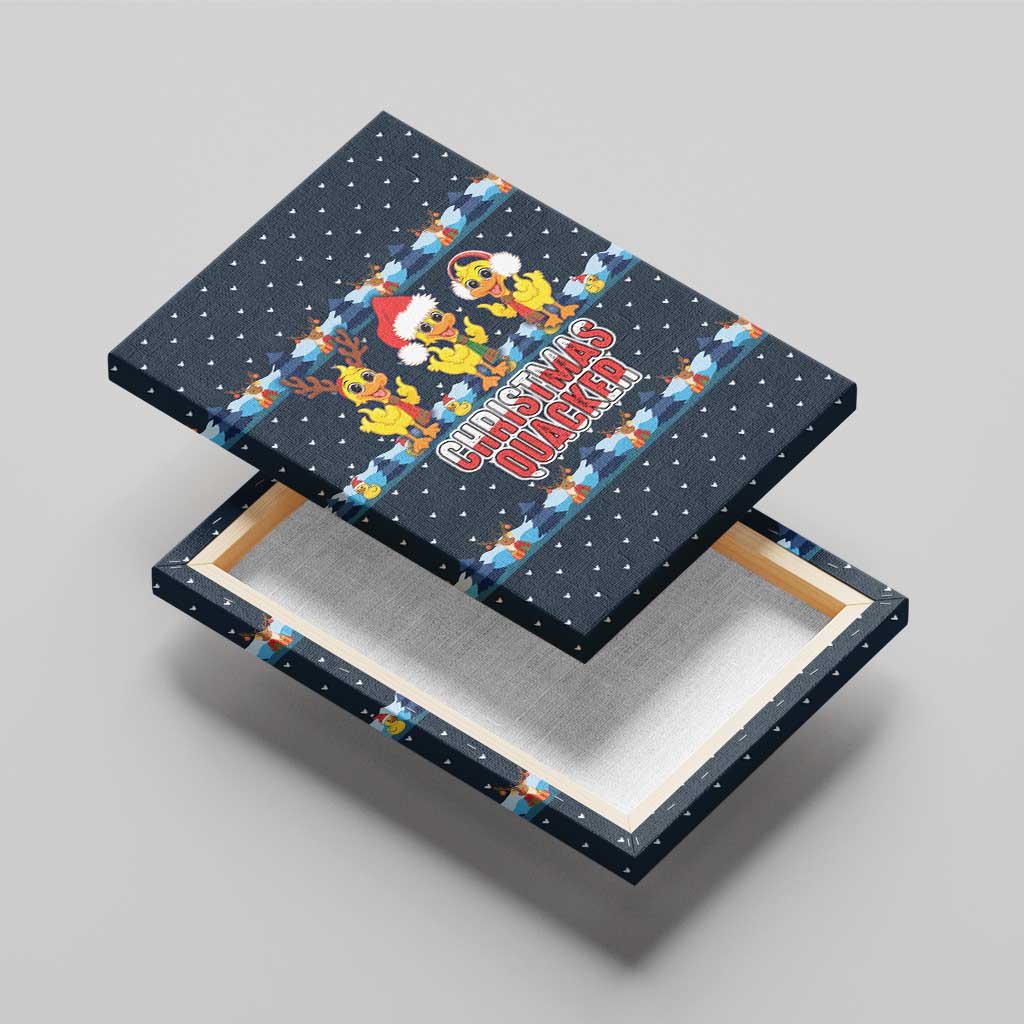 Funny Duck Characters Christmas Quacker Quote Canvas Wall Art with Navy Tree Pattern Design - Wonder Print Shop
