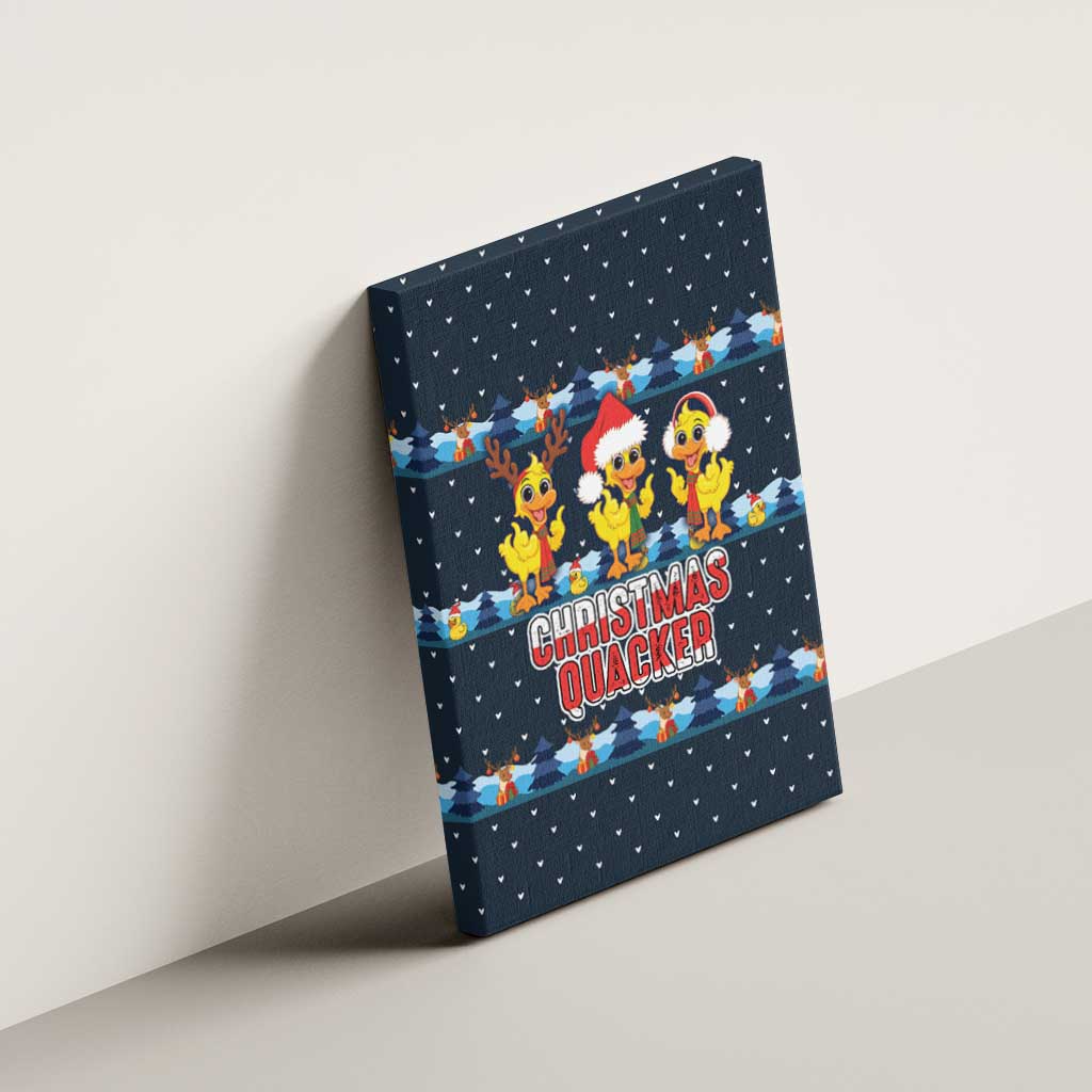 Funny Duck Characters Christmas Quacker Quote Canvas Wall Art with Navy Tree Pattern Design - Wonder Print Shop