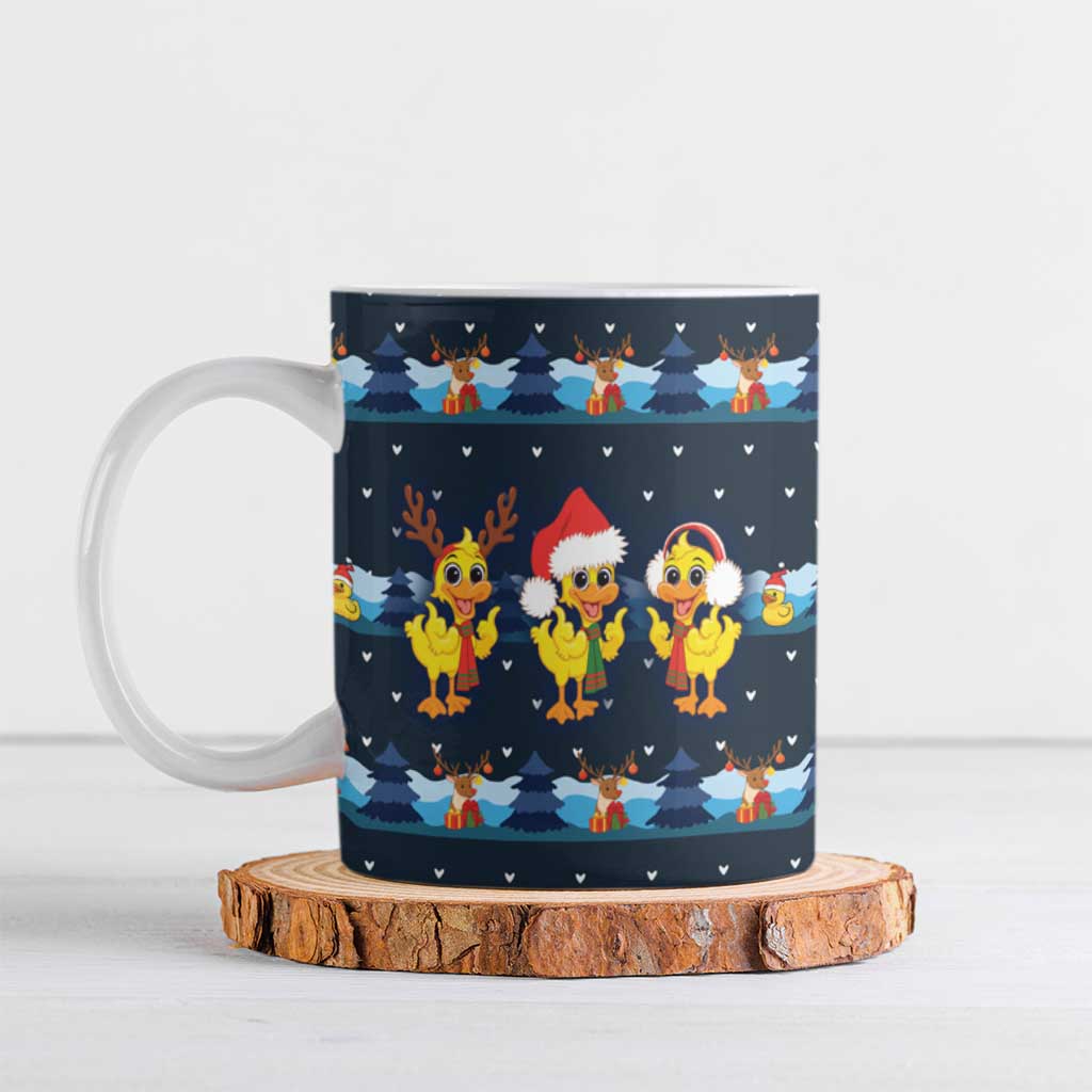 Funny Duck Characters Christmas Quacker Quote Ceramic Mug with Navy Tree Pattern Design - Wonder Print Shop