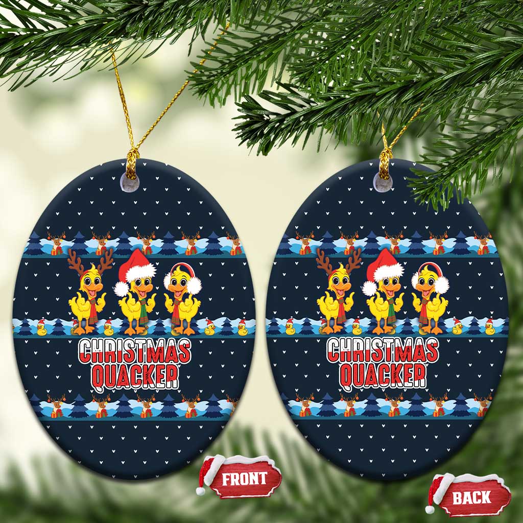 Funny Duck Characters Christmas Quacker Quote Ceramic Ornament with Navy Tree Pattern Design - Wonder Print Shop