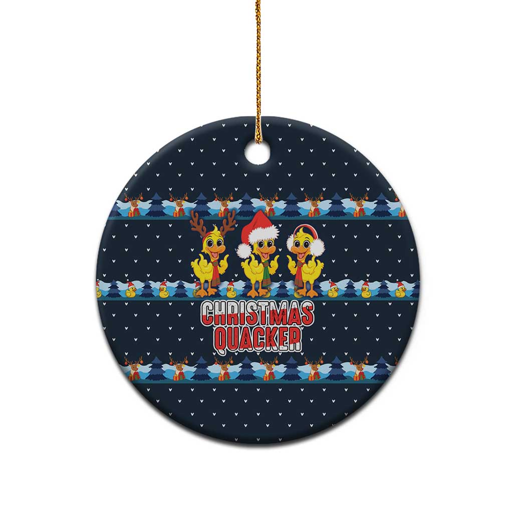 Funny Duck Characters Christmas Quacker Quote Ceramic Ornament with Navy Tree Pattern Design - Wonder Print Shop