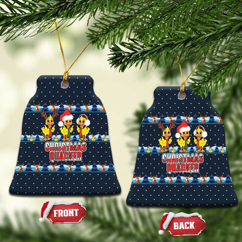 Funny Duck Characters Christmas Quacker Quote Ceramic Ornament with Navy Tree Pattern Design - Wonder Print Shop