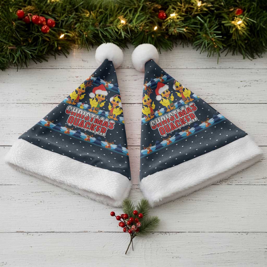 Funny Duck Characters Christmas Quacker Quote Christmas Santa Hat with Navy Tree Pattern Design - Wonder Print Shop