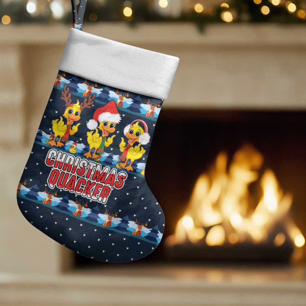 Funny Duck Characters Christmas Quacker Quote Christmas Stocking with Navy Tree Pattern Design - Wonder Print Shop