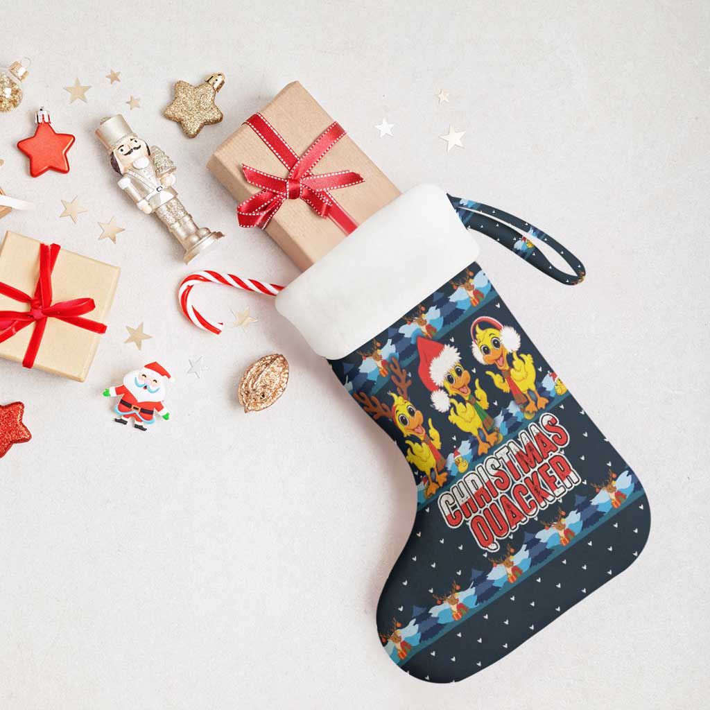 Funny Duck Characters Christmas Quacker Quote Christmas Stocking with Navy Tree Pattern Design - Wonder Print Shop