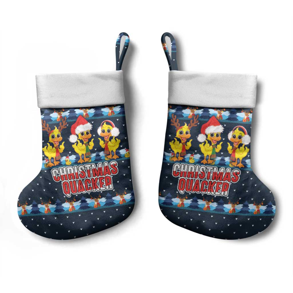 Funny Duck Characters Christmas Quacker Quote Christmas Stocking with Navy Tree Pattern Design - Wonder Print Shop