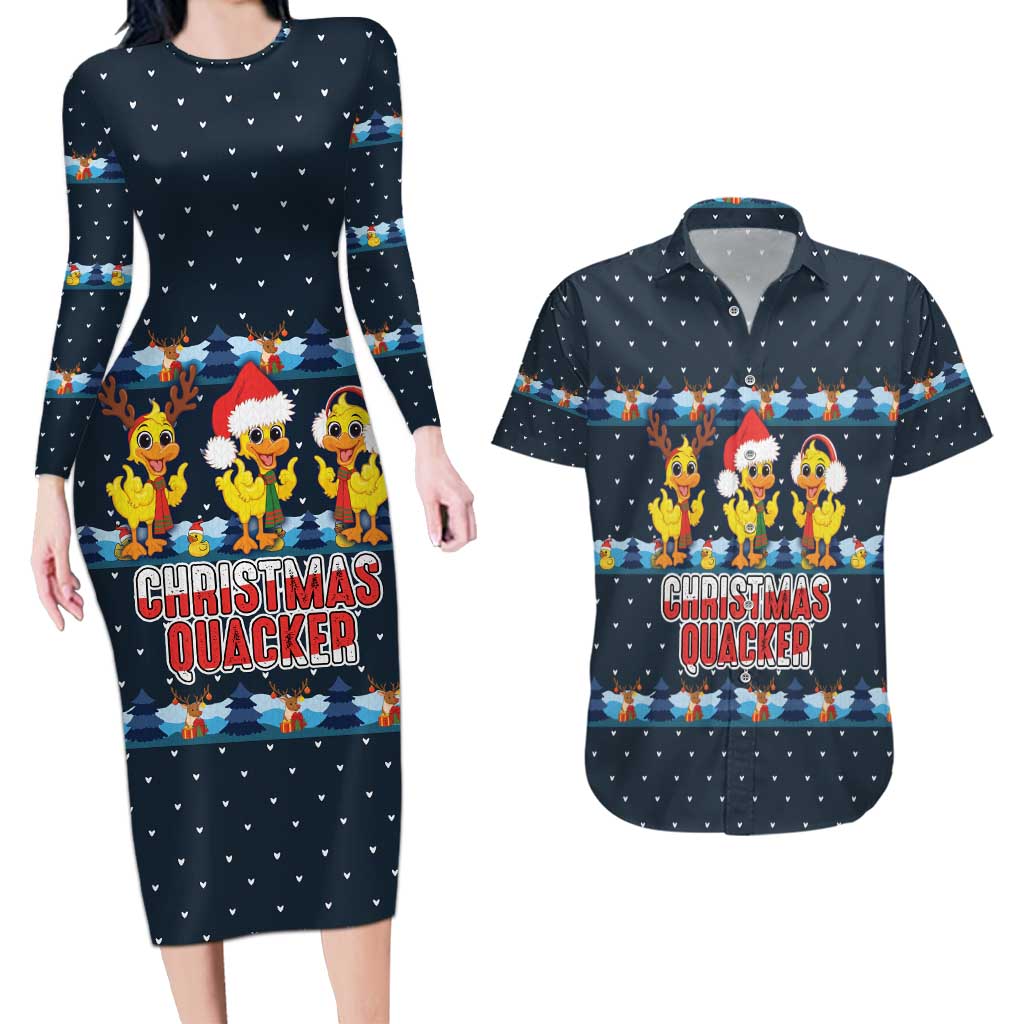 Funny Duck Characters Christmas Quacker Quote Couples Matching Long Sleeve Bodycon Dress and Hawaiian Shirt with Navy Tree Pattern Design - Wonder Print Shop