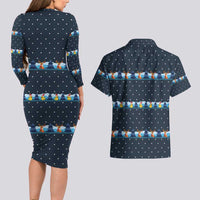 Funny Duck Characters Christmas Quacker Quote Couples Matching Long Sleeve Bodycon Dress and Hawaiian Shirt with Navy Tree Pattern Design - Wonder Print Shop