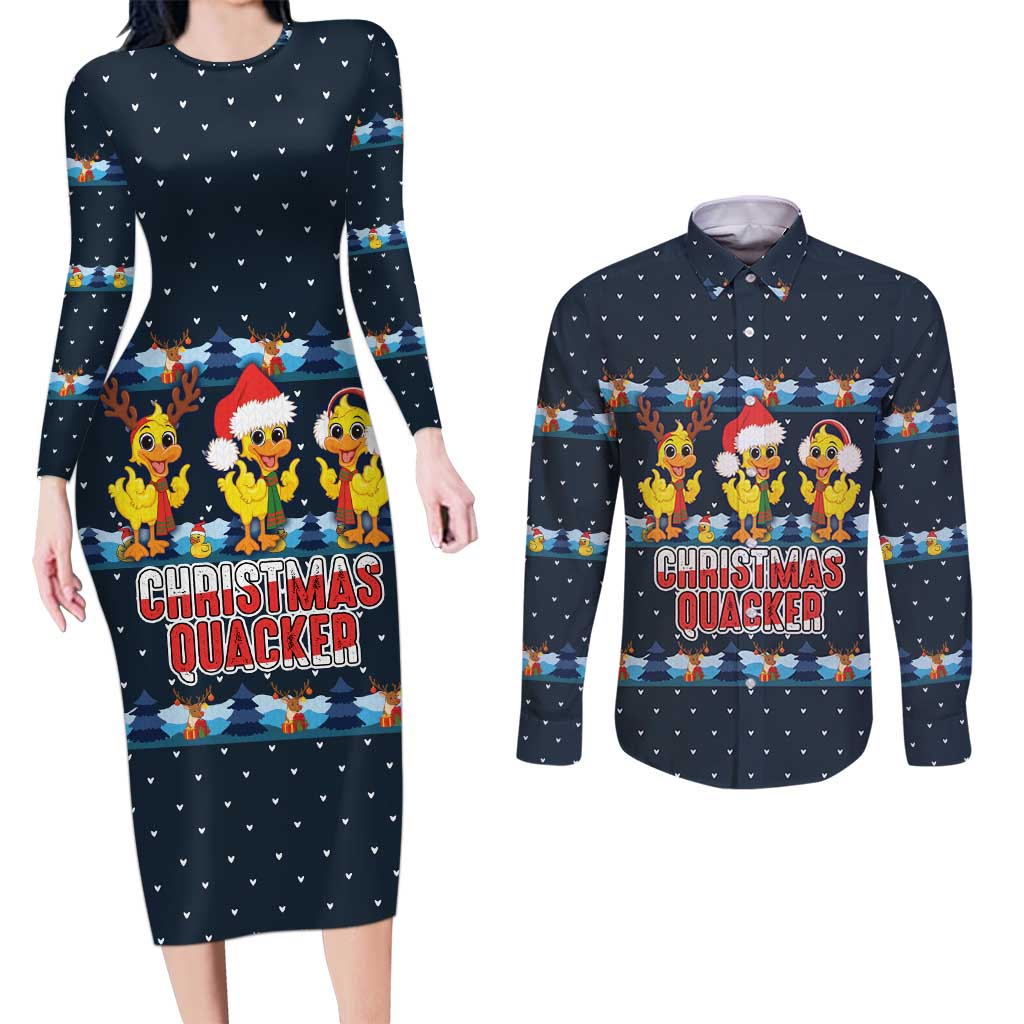 Funny Duck Characters Christmas Quacker Quote Couples Matching Long Sleeve Bodycon Dress and Long Sleeve Button Shirt with Navy Tree Pattern Design - Wonder Print Shop