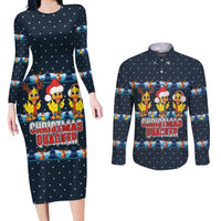 Funny Duck Characters Christmas Quacker Quote Couples Matching Long Sleeve Bodycon Dress and Long Sleeve Button Shirt with Navy Tree Pattern Design - Wonder Print Shop