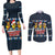 Funny Duck Characters Christmas Quacker Quote Couples Matching Long Sleeve Bodycon Dress and Long Sleeve Button Shirt with Navy Tree Pattern Design - Wonder Print Shop