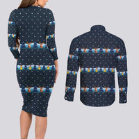 Funny Duck Characters Christmas Quacker Quote Couples Matching Long Sleeve Bodycon Dress and Long Sleeve Button Shirt with Navy Tree Pattern Design - Wonder Print Shop