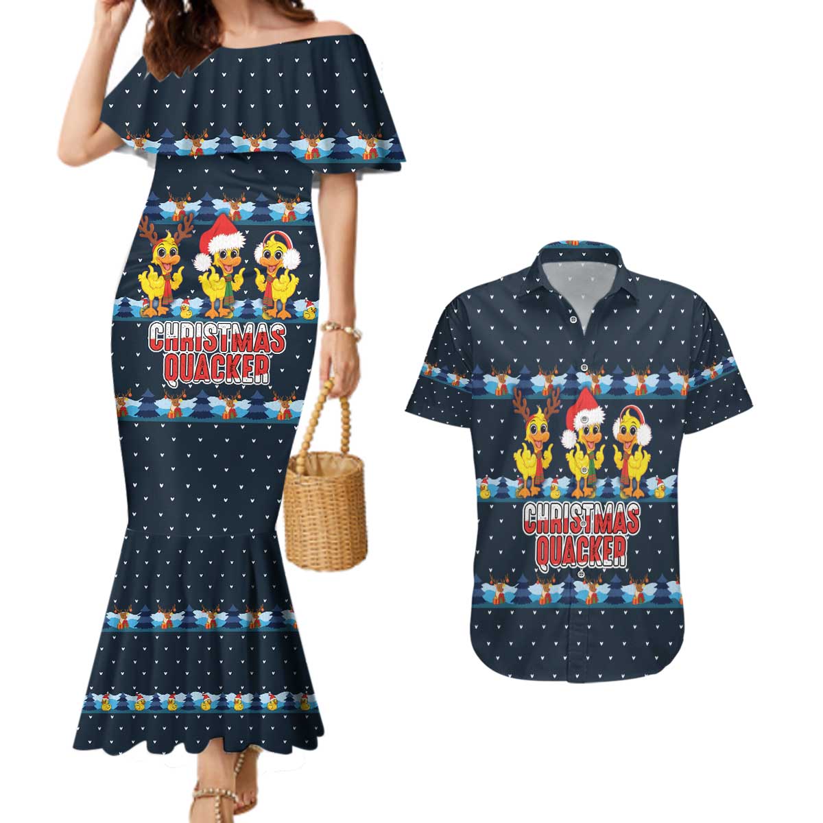 Funny Duck Characters Christmas Quacker Quote Couples Matching Mermaid Dress and Hawaiian Shirt with Navy Tree Pattern Design - Wonder Print Shop