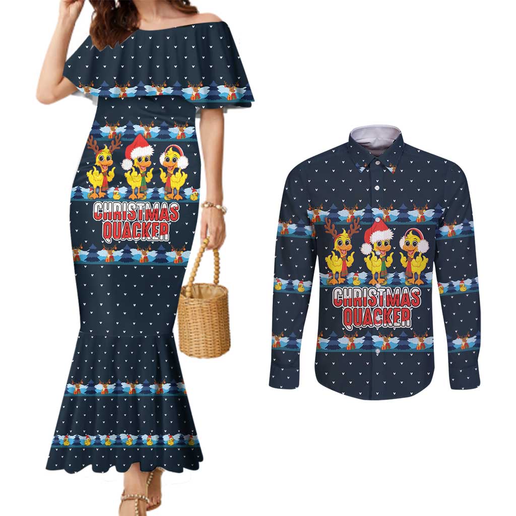 Funny Duck Characters Christmas Quacker Quote Couples Matching Mermaid Dress and Long Sleeve Button Shirt with Navy Tree Pattern Design - Wonder Print Shop