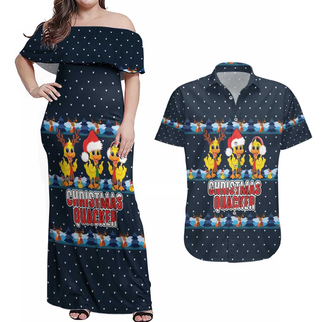 Funny Duck Characters Christmas Quacker Quote Couples Matching Off Shoulder Maxi Dress and Hawaiian Shirt with Navy Tree Pattern Design - Wonder Print Shop