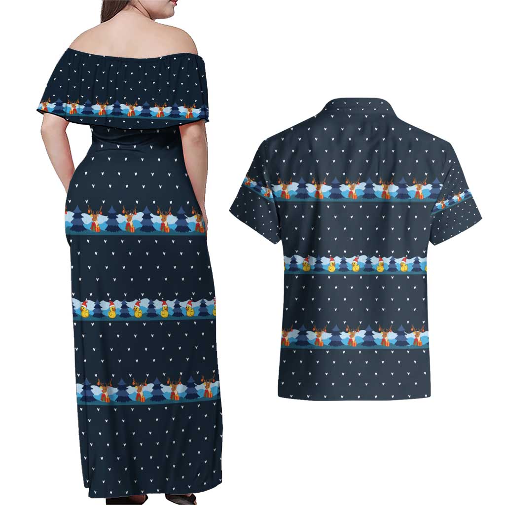 Funny Duck Characters Christmas Quacker Quote Couples Matching Off Shoulder Maxi Dress and Hawaiian Shirt with Navy Tree Pattern Design - Wonder Print Shop