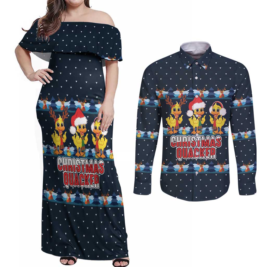 Funny Duck Characters Christmas Quacker Quote Couples Matching Off Shoulder Maxi Dress and Long Sleeve Button Shirt with Navy Tree Pattern Design - Wonder Print Shop