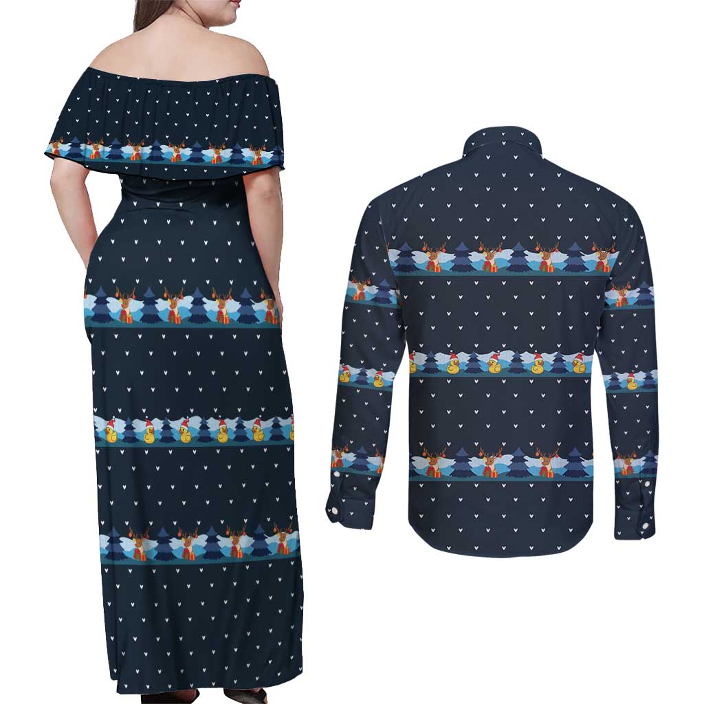 Funny Duck Characters Christmas Quacker Quote Couples Matching Off Shoulder Maxi Dress and Long Sleeve Button Shirt with Navy Tree Pattern Design - Wonder Print Shop