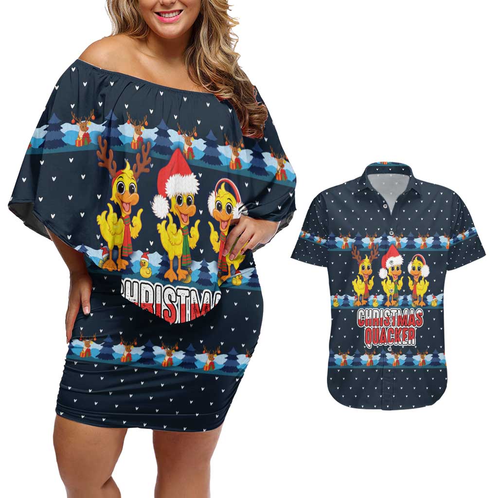 Funny Duck Characters Christmas Quacker Quote Couples Matching Off Shoulder Short Dress and Hawaiian Shirt with Navy Tree Pattern Design - Wonder Print Shop