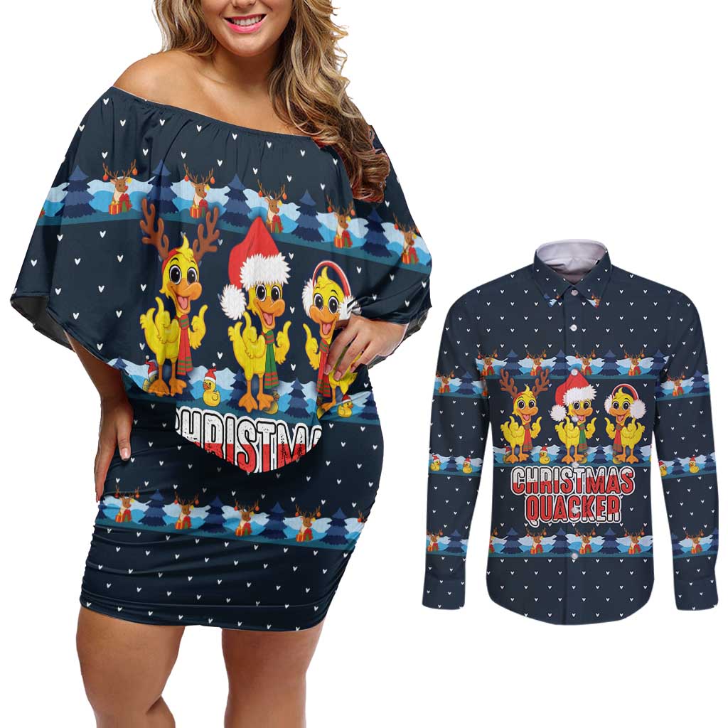 Funny Duck Characters Christmas Quacker Quote Couples Matching Off Shoulder Short Dress and Long Sleeve Button Shirt with Navy Tree Pattern Design - Wonder Print Shop
