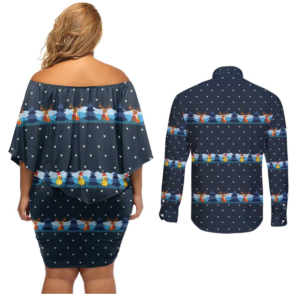 Funny Duck Characters Christmas Quacker Quote Couples Matching Off Shoulder Short Dress and Long Sleeve Button Shirt with Navy Tree Pattern Design - Wonder Print Shop