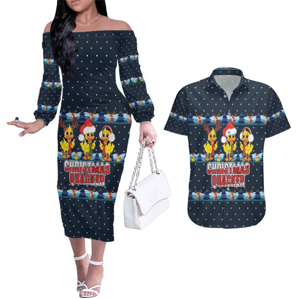 Funny Duck Characters Christmas Quacker Quote Couples Matching Off The Shoulder Long Sleeve Dress and Hawaiian Shirt with Navy Tree Pattern Design - Wonder Print Shop
